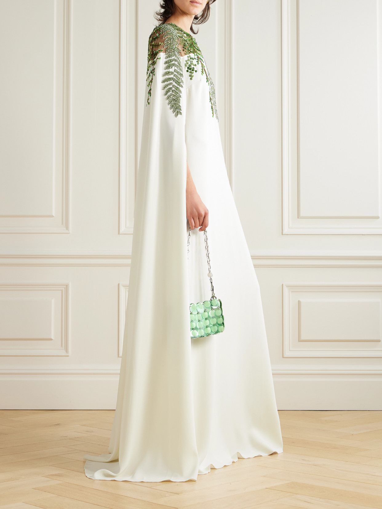 Oscar De La Renta Cape-effect Embellished Silk-blend Crepe And Organza Gown In White