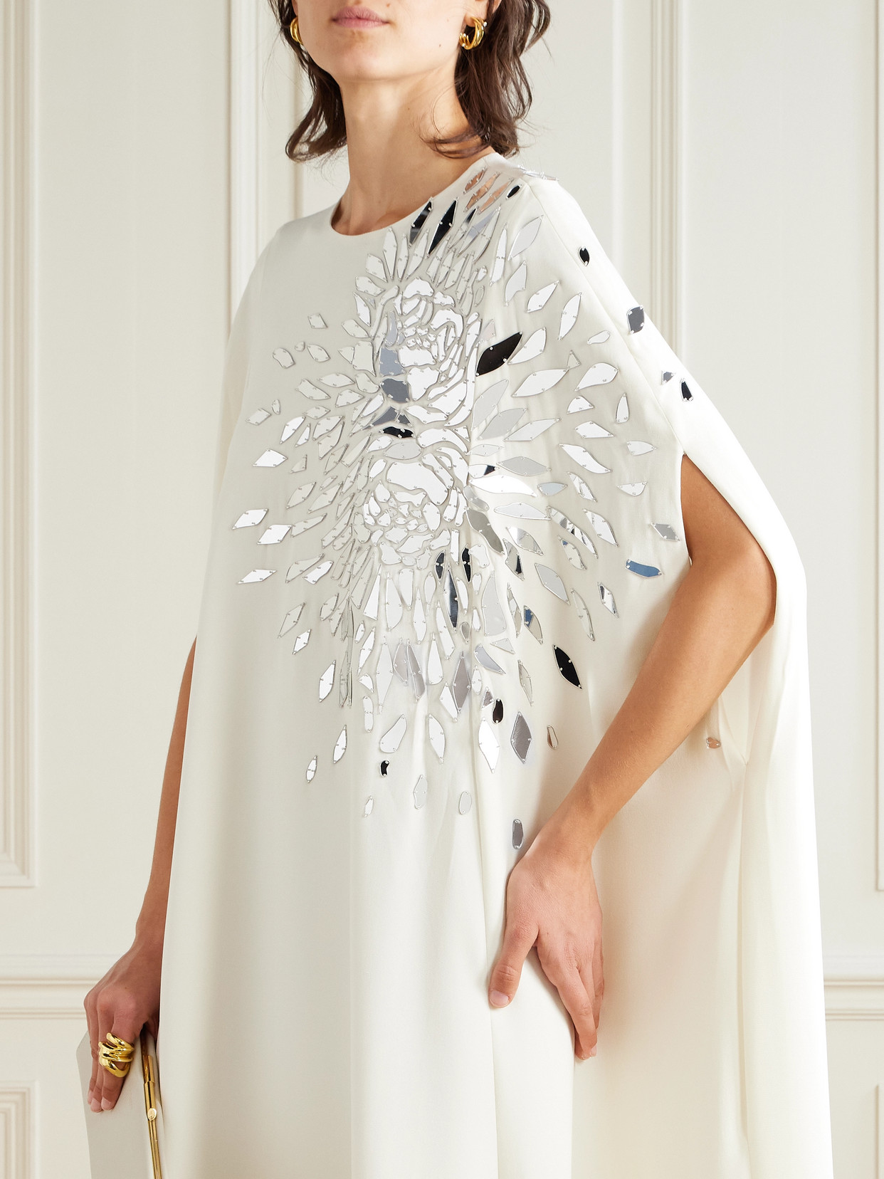 Oscar De La Renta Embellished Stretch-silk Georgette Gown In Neutral