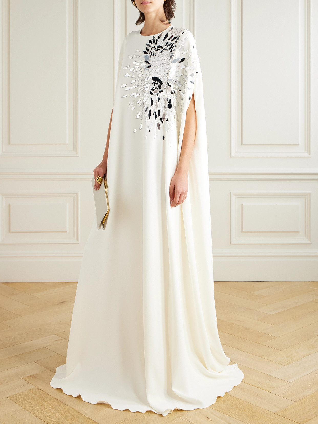 Oscar De La Renta Embellished Stretch-silk Georgette Gown In Neutral