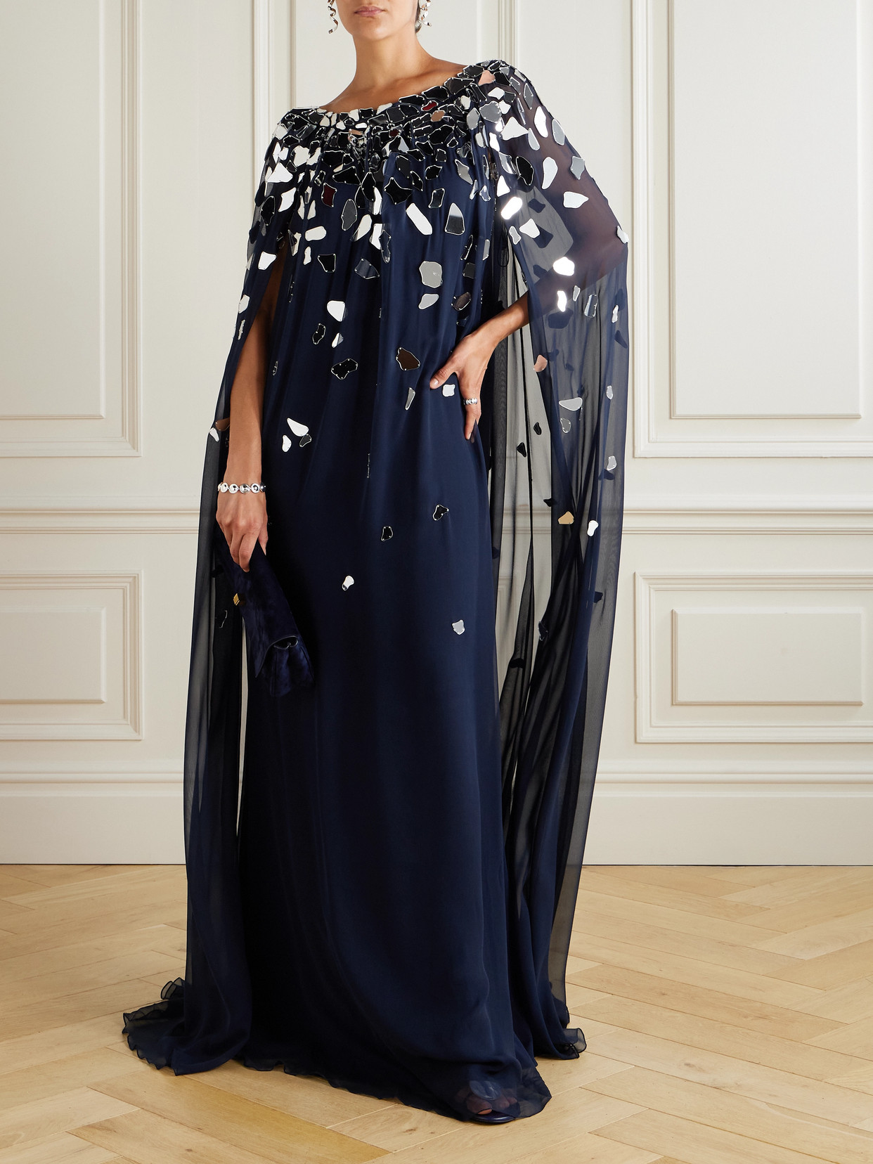 Oscar De La Renta Embellished Silk-chiffon Gown In Blue