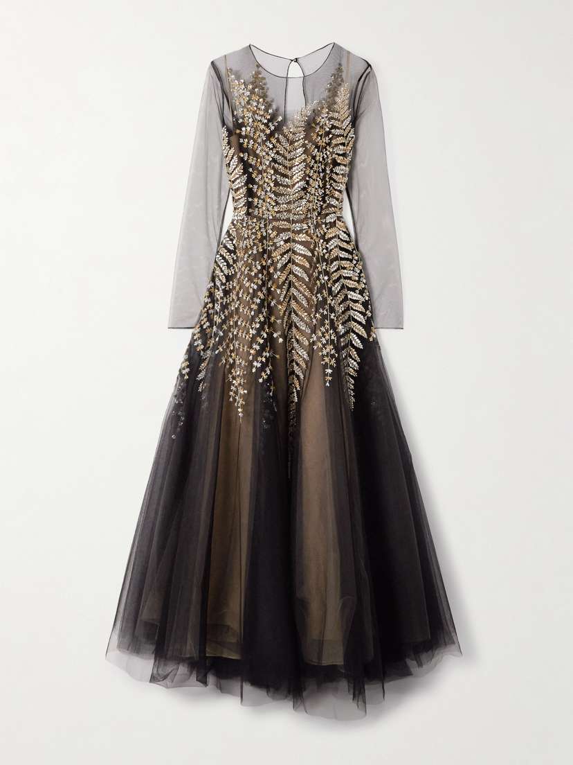 Oscar de la Renta Crystal, Bead And Sequin-embellished Pleated Tulle Midi Dress