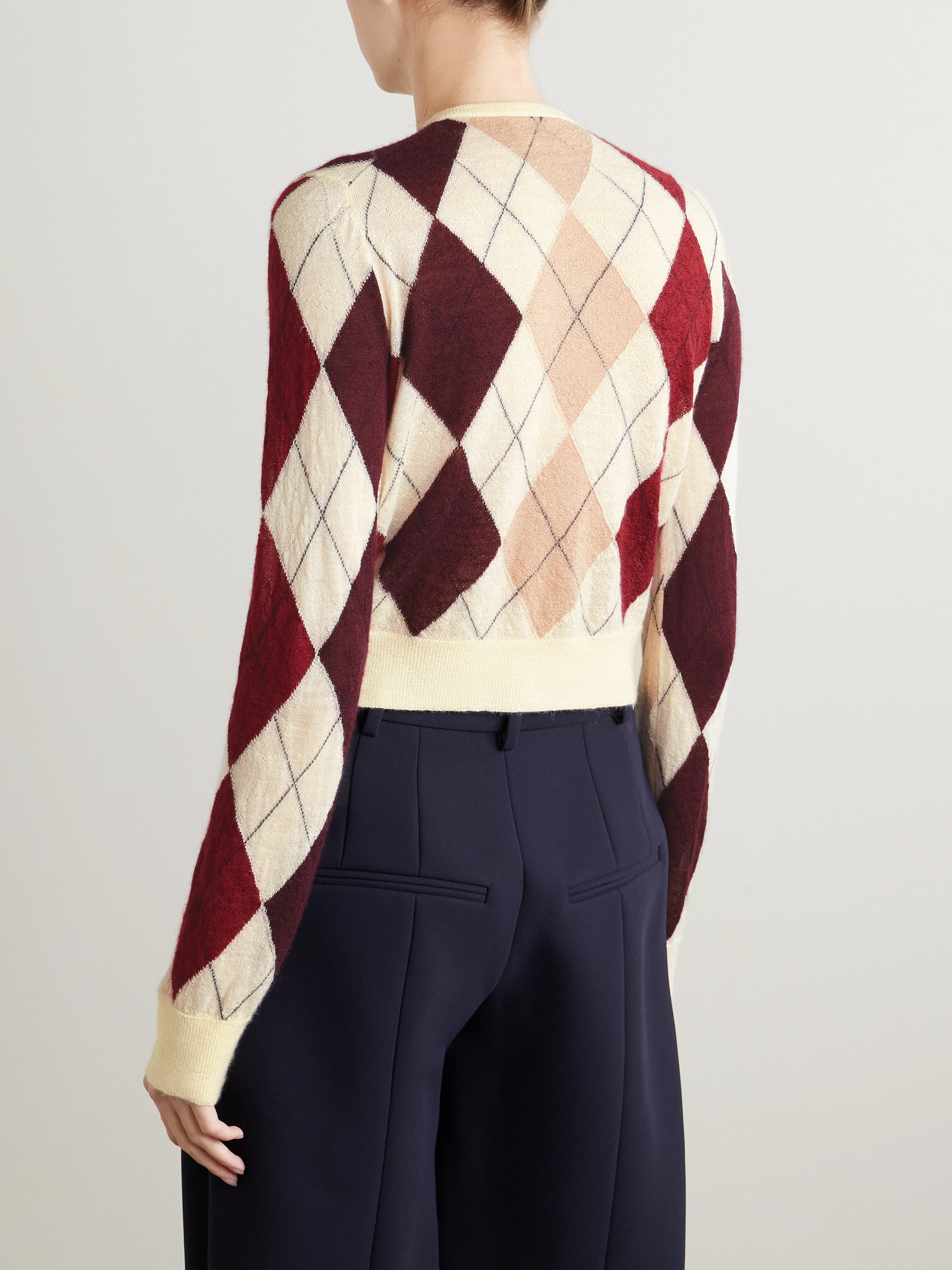 Khaite Charli Calf Hair-trimmed Argyle Cashmere And Mohair-blend Cardigan In White