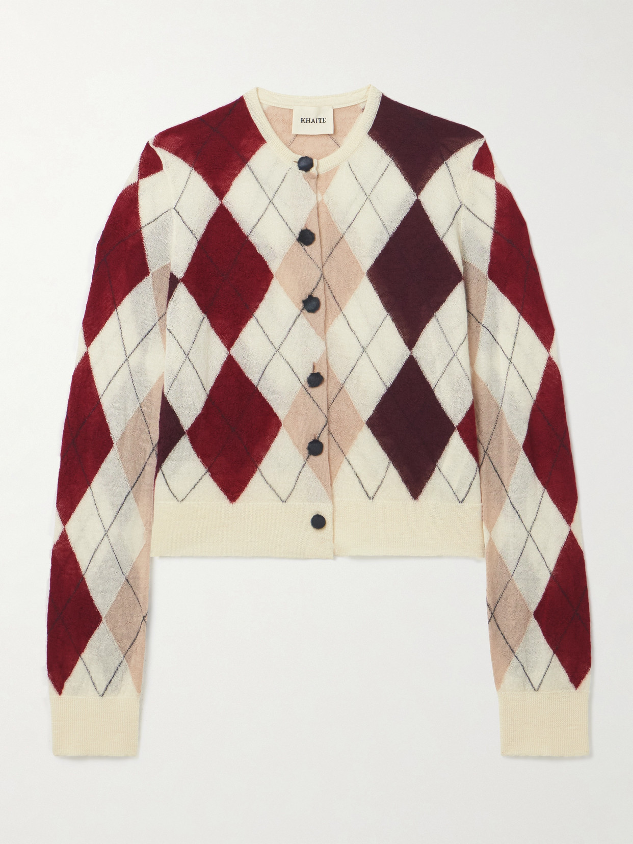 Khaite Charli Calf Hair-trimmed Argyle Cashmere And Mohair-blend Cardigan In White