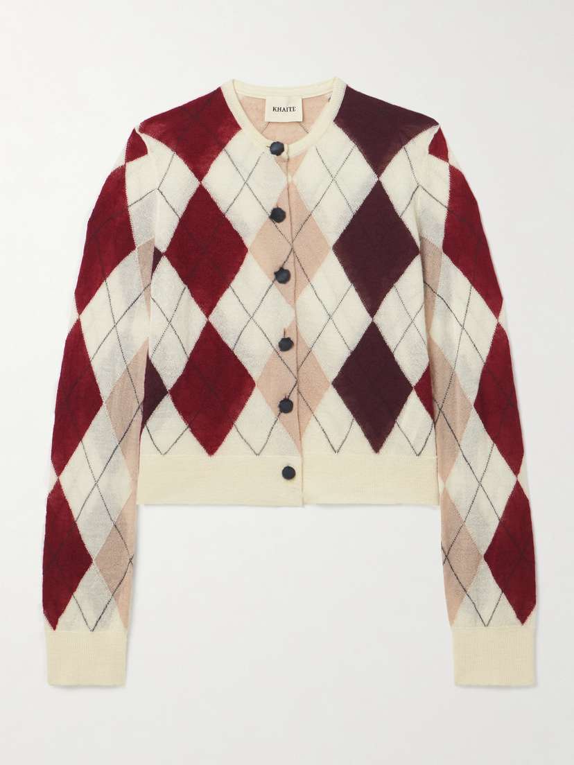 Khaite Charli Calf Hair-trimmed Argyle Cashmere And Mohair-blend Cardigan