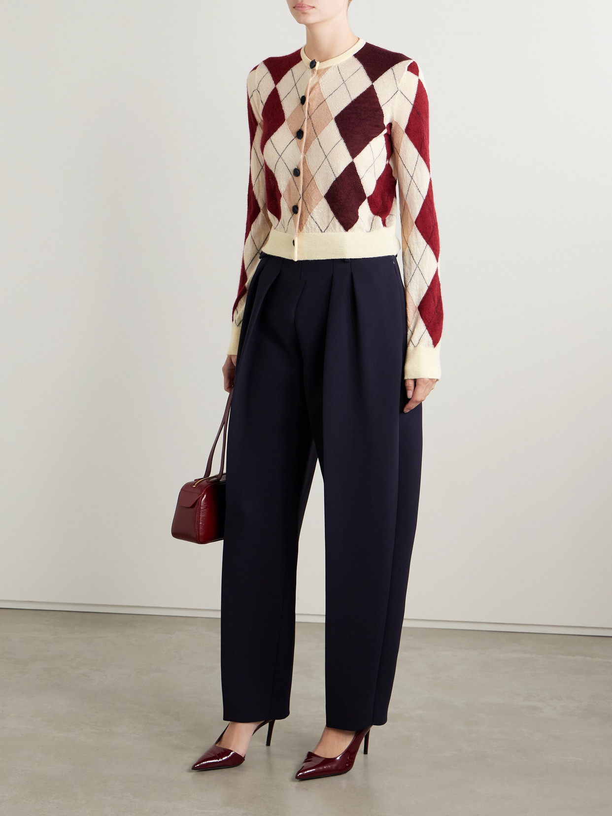 Khaite Charli Calf Hair-trimmed Argyle Cashmere And Mohair-blend Cardigan In White