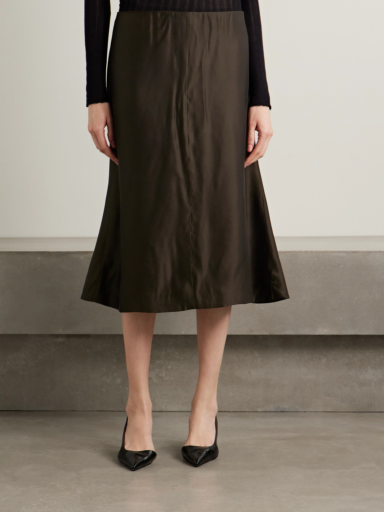 Khaite Nania Satin-twill Midi Skirt In Brown