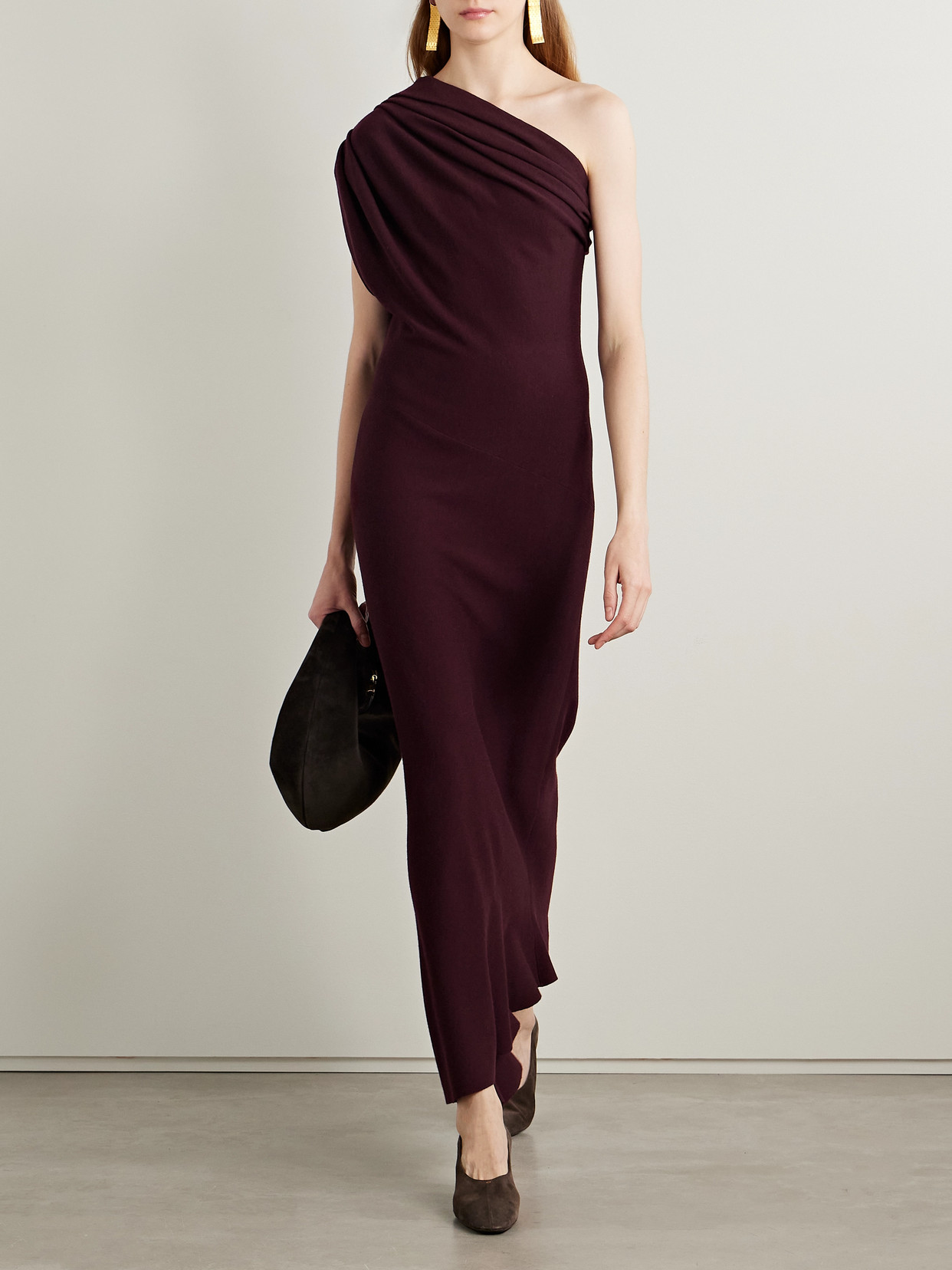 Khaite Coast One-shoulder Wool-blend Maxi Dress In Burgundy