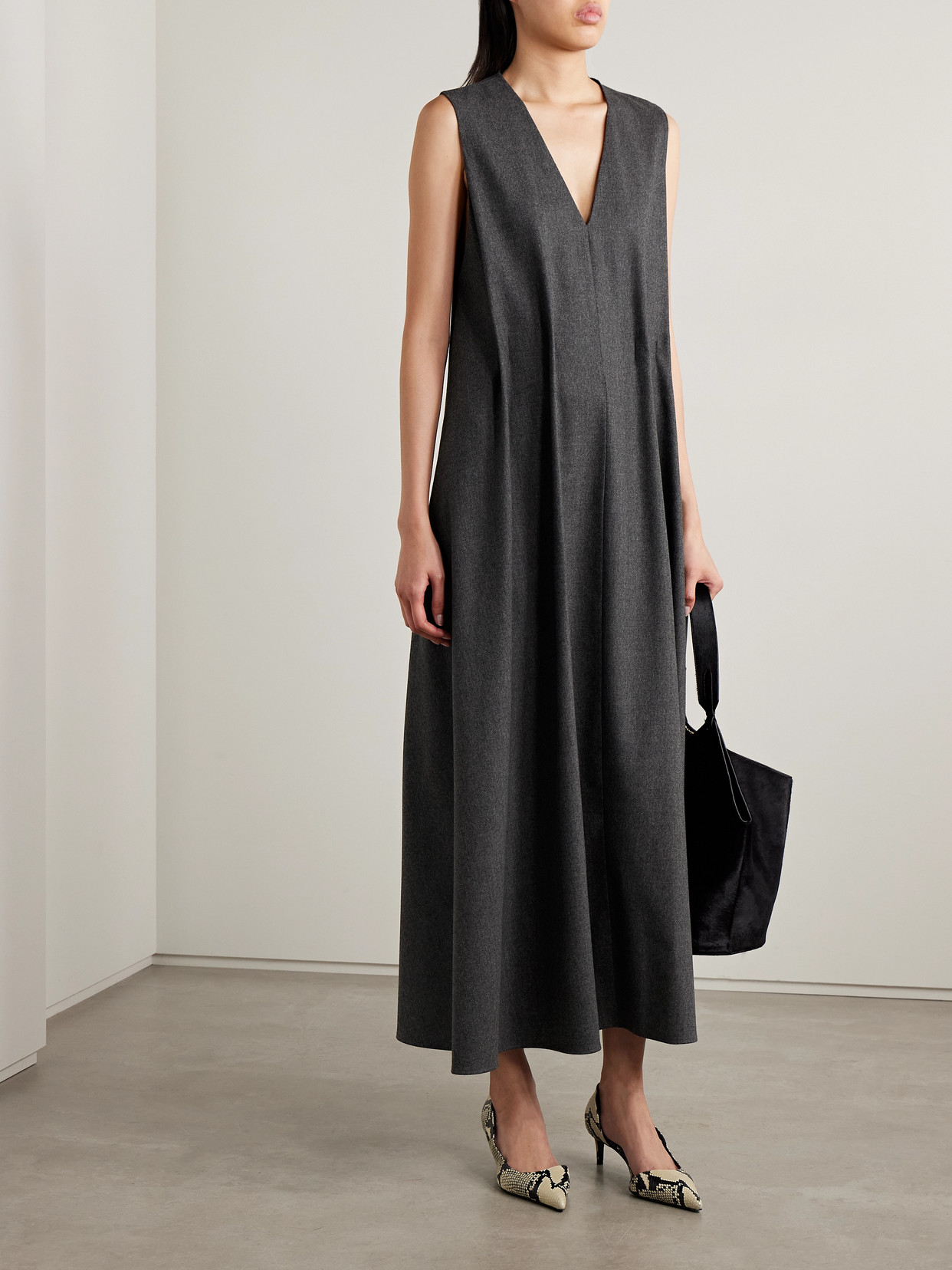 Khaite Syd Pleated Wool Midi Dress In Gray