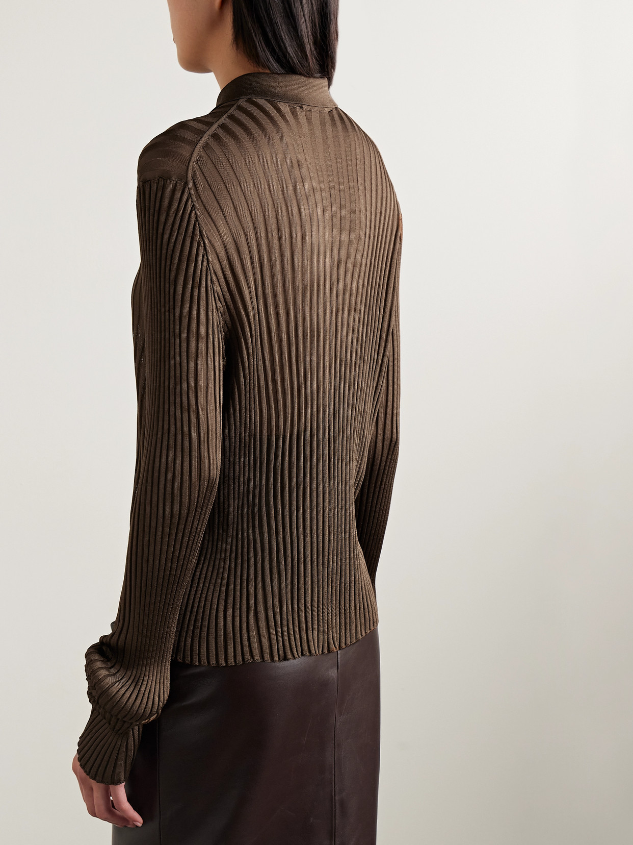 Khaite Vin Ribbed-knit Polo Shirt In Brown