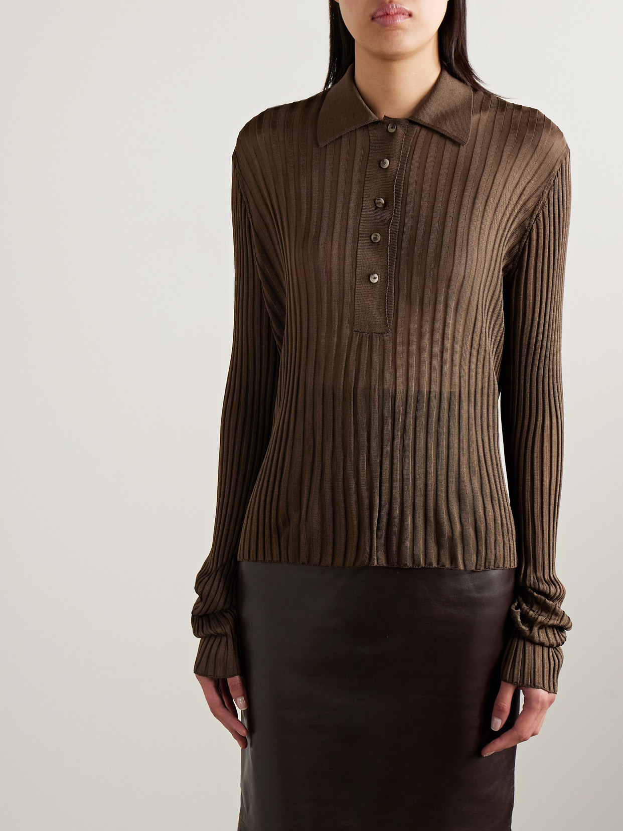 Khaite Vin Ribbed-knit Polo Shirt In Brown