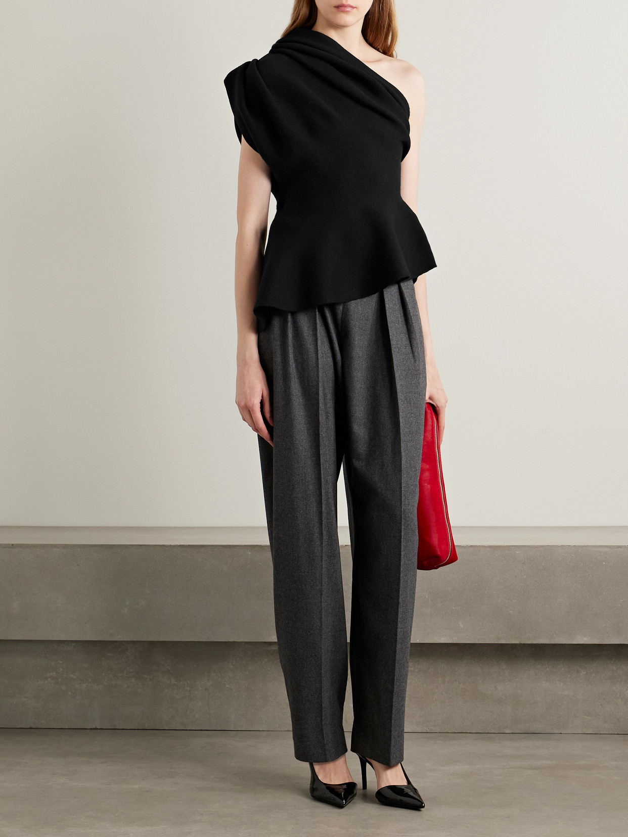 Khaite Aimee Asymmetric One-shoulder Wool-blend Peplum Top In Black