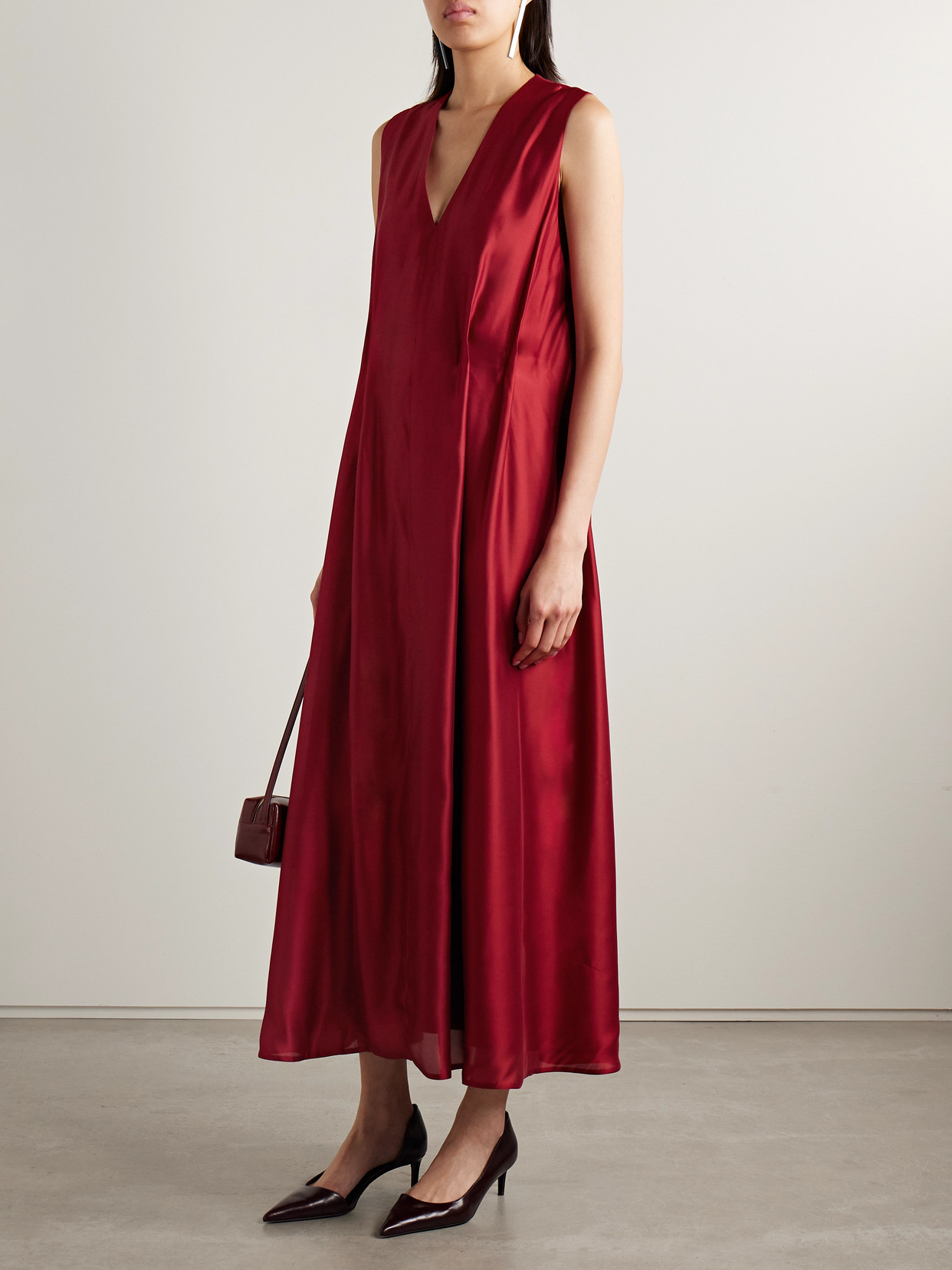 Khaite Syd Pleated Satin-twill Midi Dress In Red