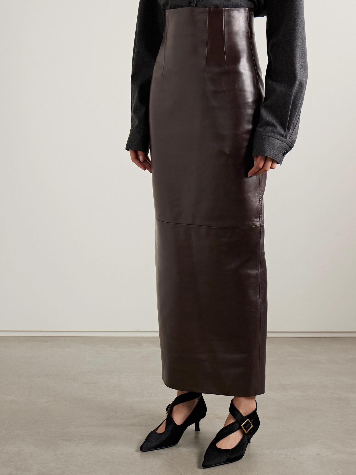 Khaite Loxley High-rise Plonge Leather Maxi Skirt In Brown