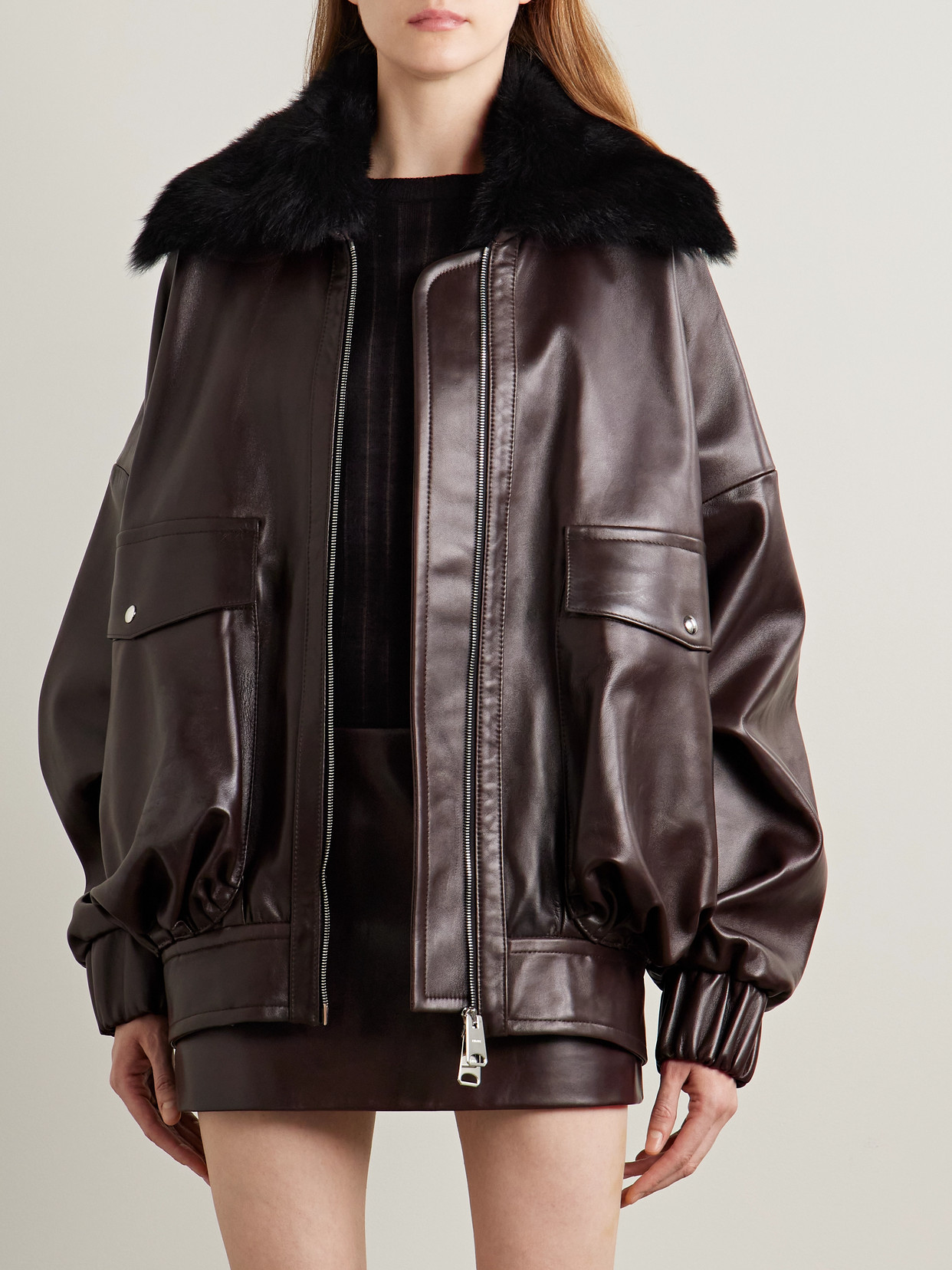 Khaite Daemon Oversized Leather Jacket With Shearling Collar In Brown