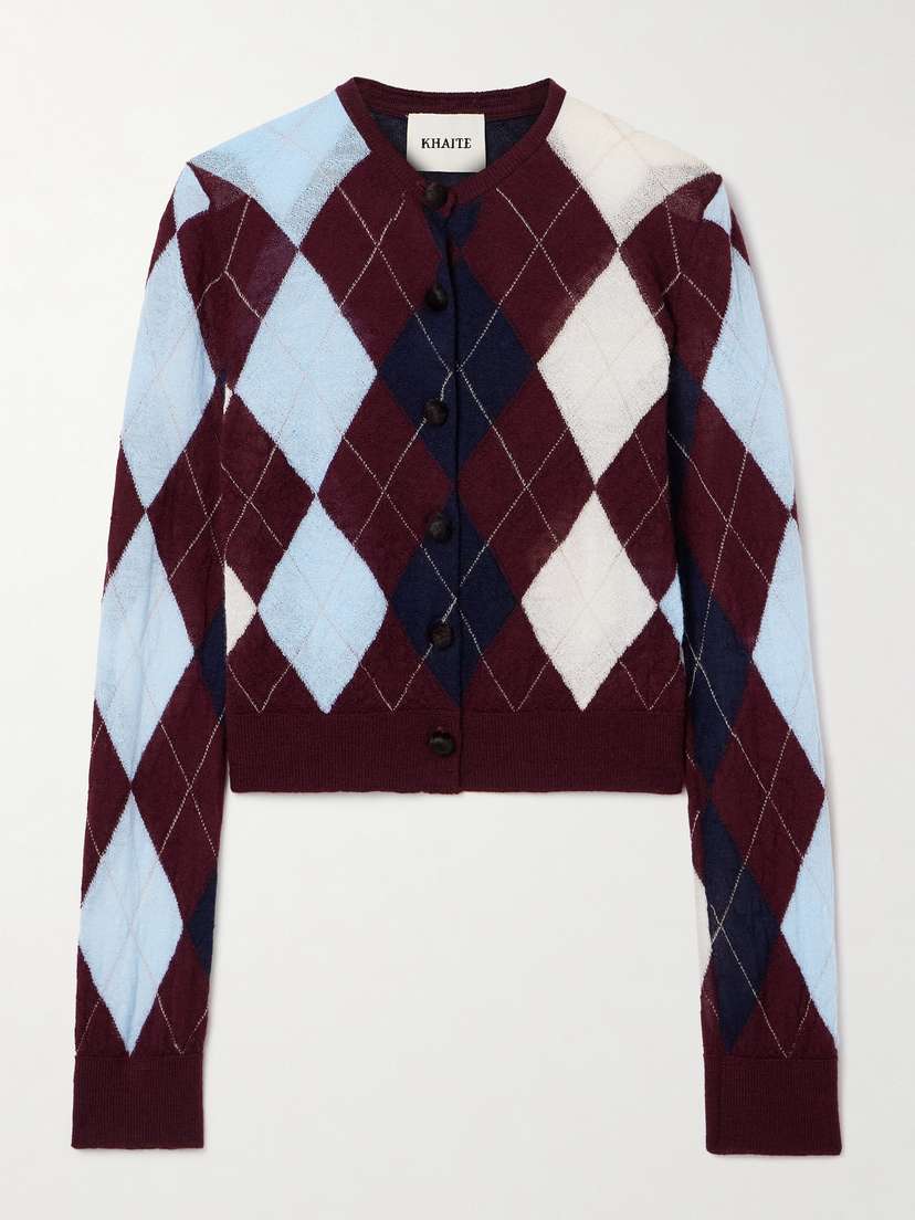 Khaite Charli Calf Hair-trimmed Argyle Cashmere And Mohair-blend Cardigan