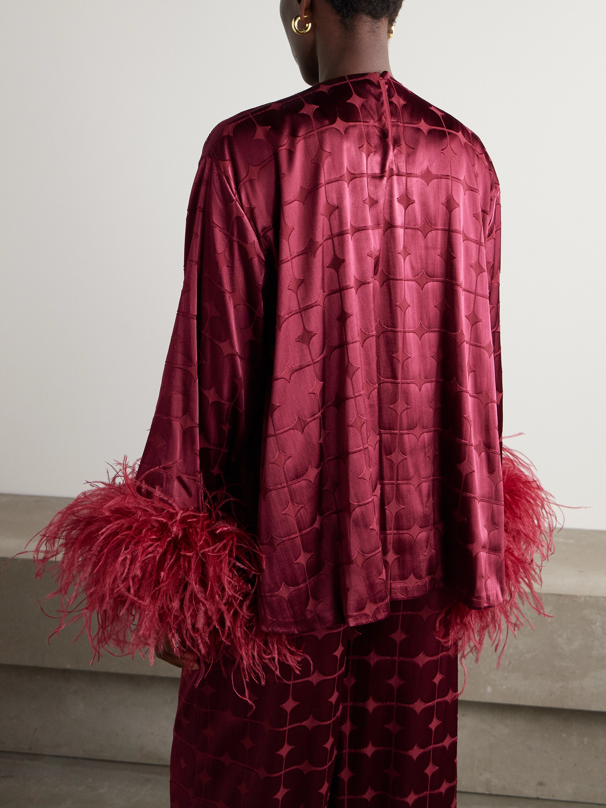 Geometric Feather-Trimmed Devoré-Satin Blouse