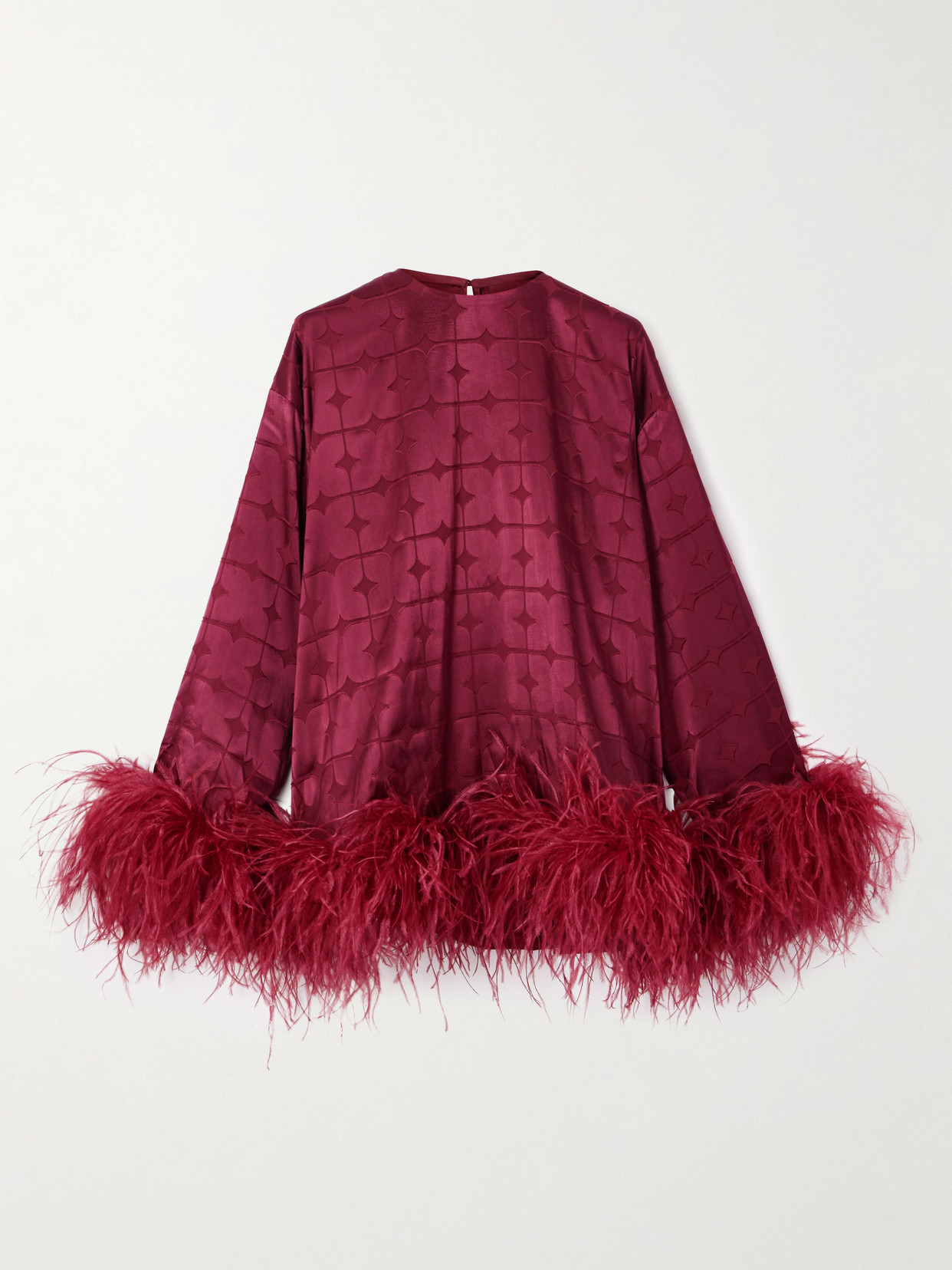 Dima Ayad Geometric Feather-trimmed Devoré-satin Blouse In Burgundy