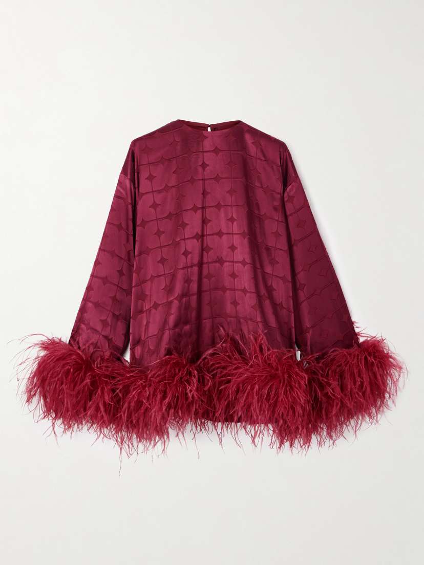 Dima Ayad Geometric Feather-trimmed Devoré-satin Blouse