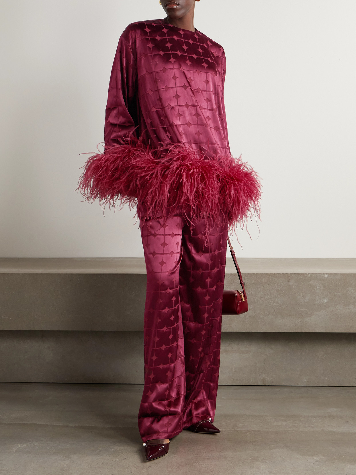 Geometric Feather-Trimmed Devoré-Satin Blouse
