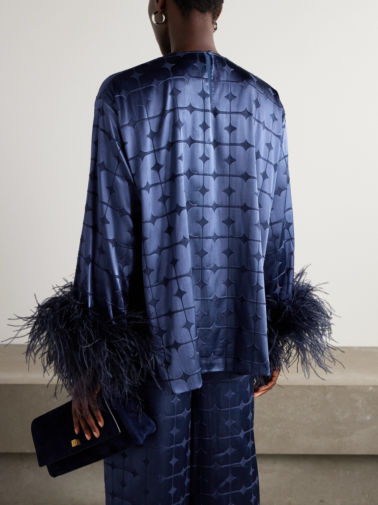 Geometric Feather-Trimmed Devoré-Satin Blouse