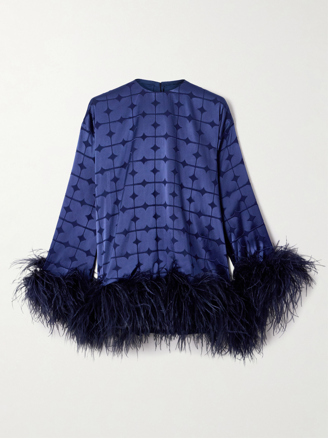 Dima Ayad Geometric Feather-trimmed Devoré-satin Blouse In Blue