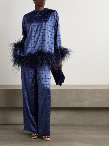 Dima Ayad Geometric feather-trimmed devoré-satin blouse