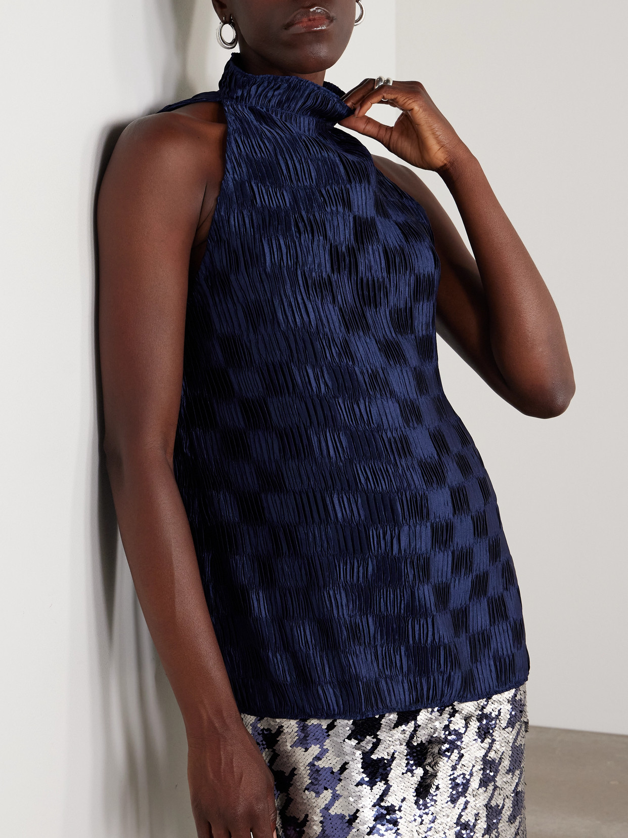 Plissé-Satin Halterneck Top