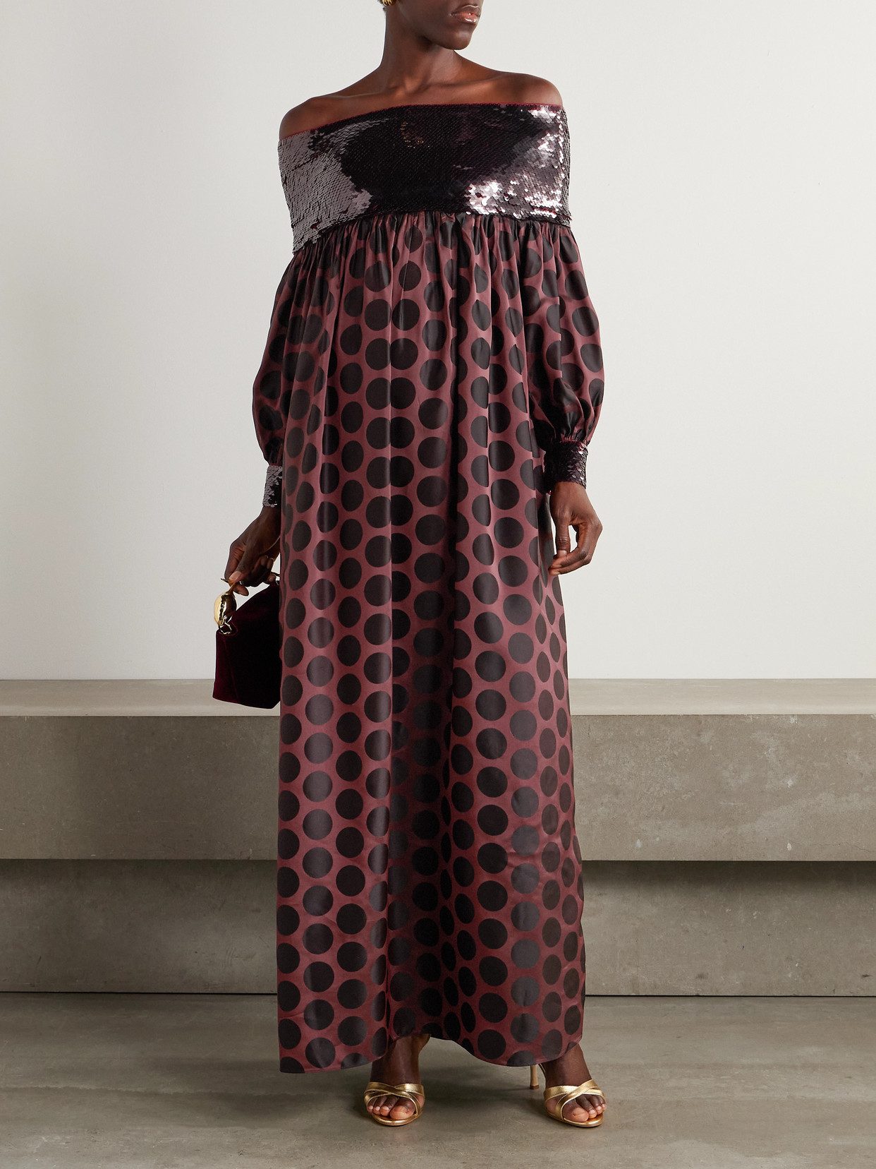 Dima Ayad Sequin-embellished Polka-dot Poplin Gown In Burgundy