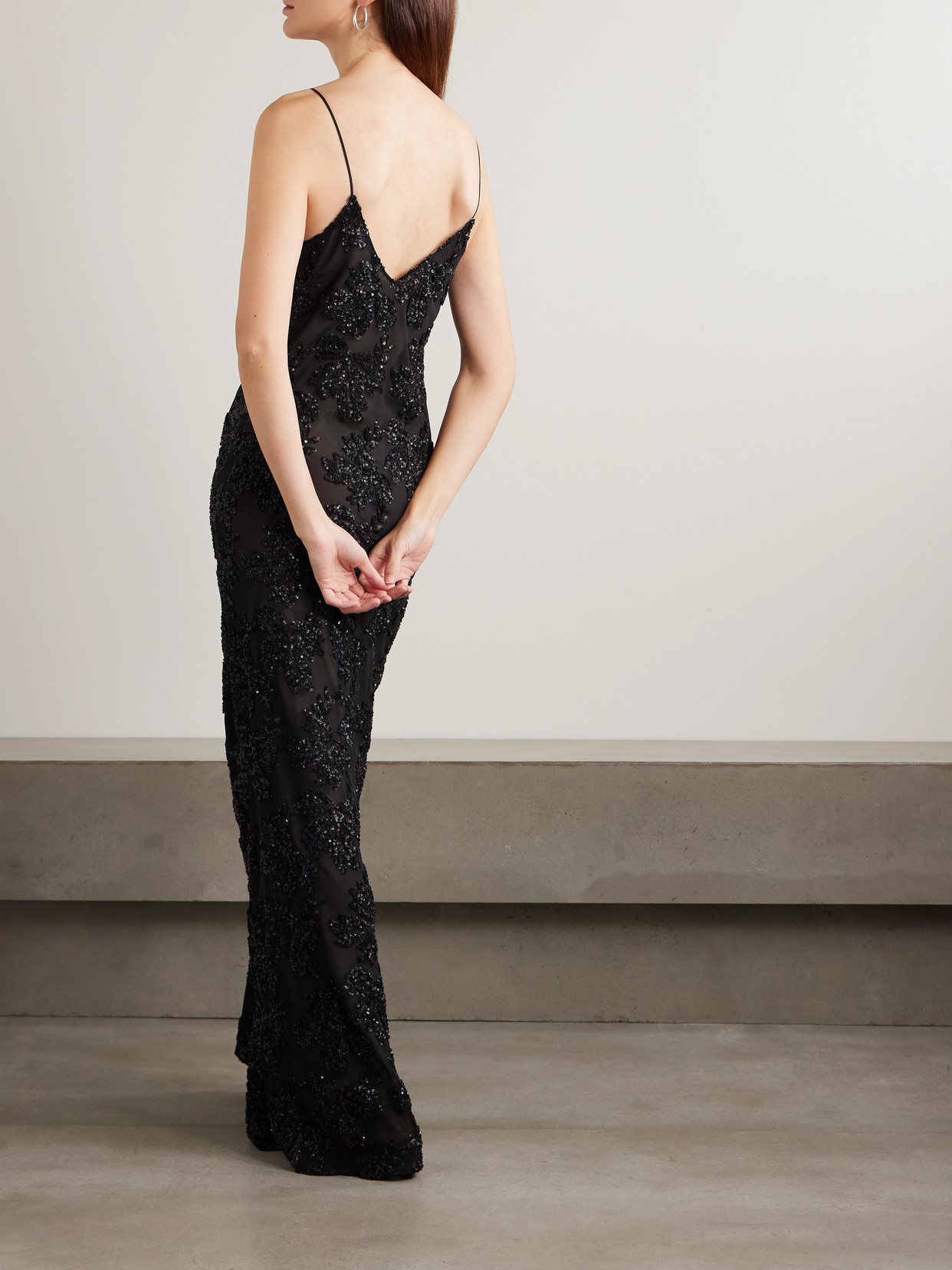 Rodarte Floral Sequin Embroidered Slip Gown With Silk Floral Pin Black In Black
