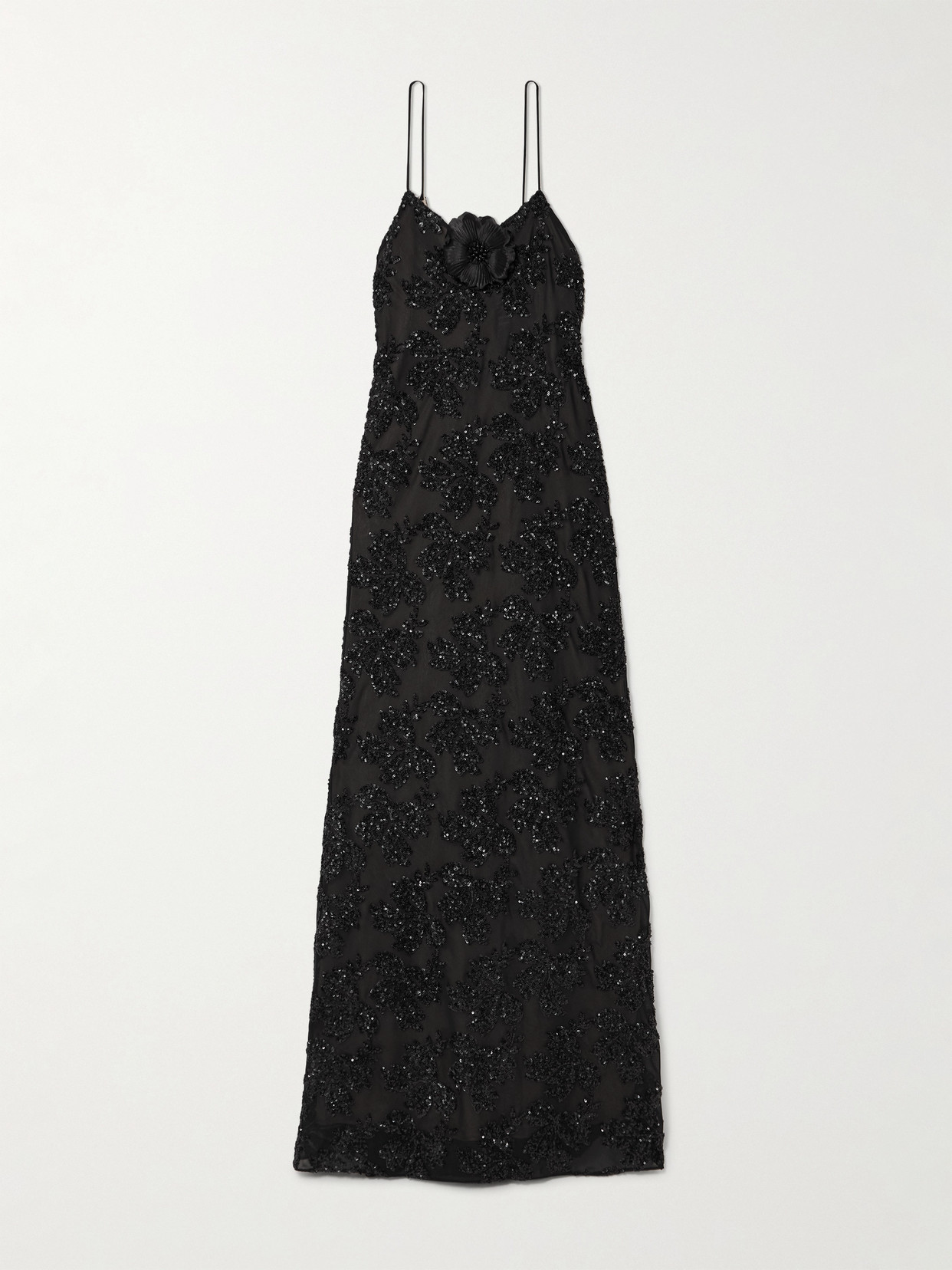 Rodarte Floral Sequin Embroidered Slip Gown With Silk Floral Pin Black In Black