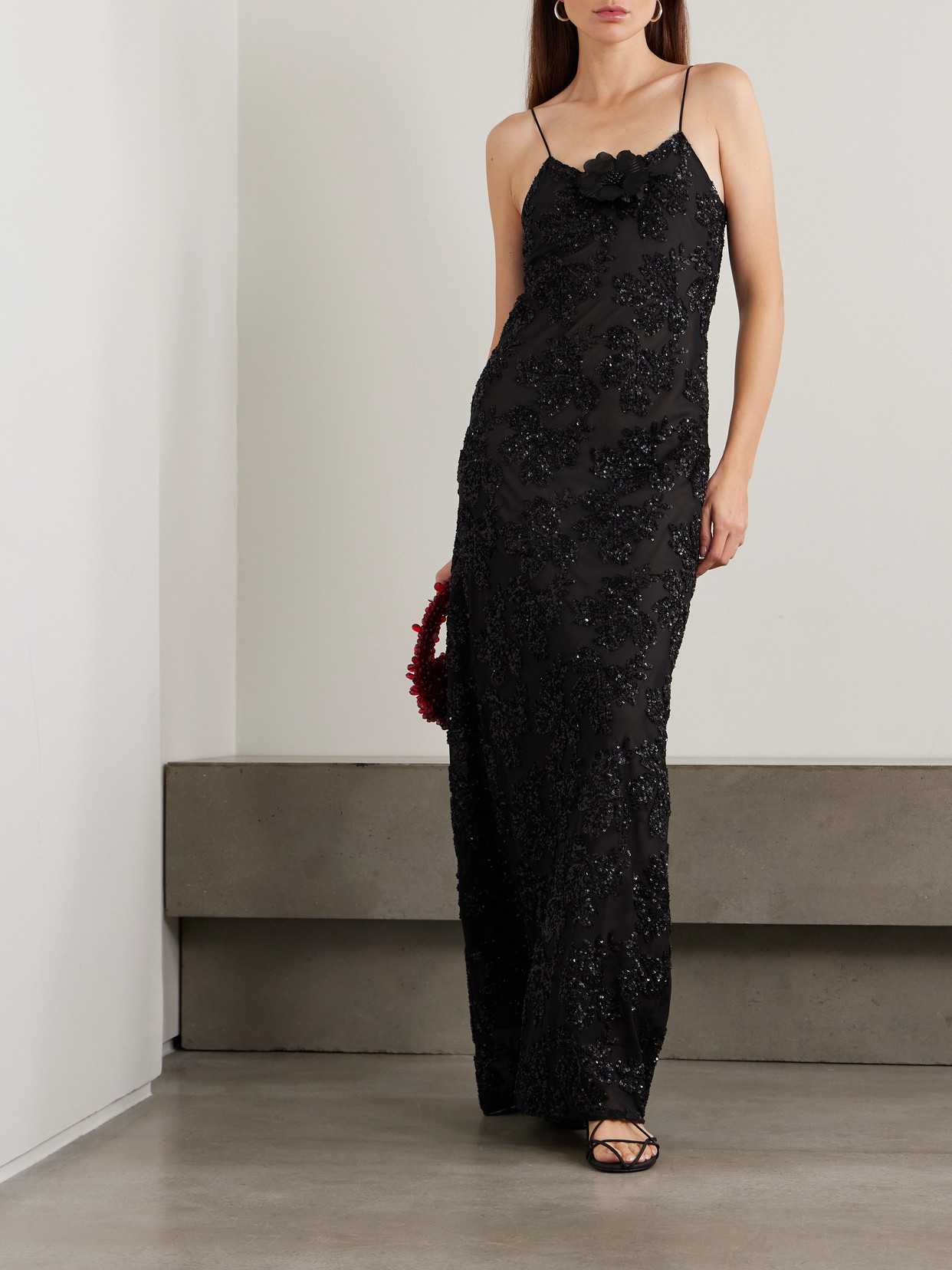 Rodarte Floral Sequin Embroidered Slip Gown With Silk Floral Pin Black In Black