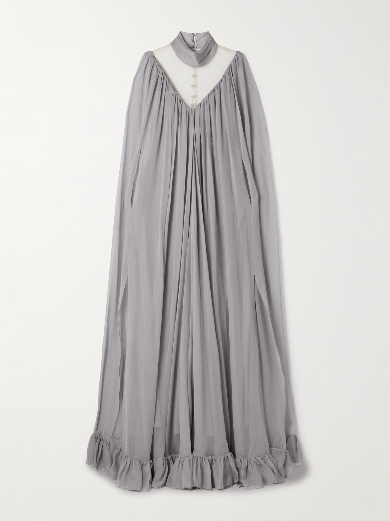 Rodarte Cape-effect Tulle-paneled Ruffled Silk-chiffon Gown In Gray