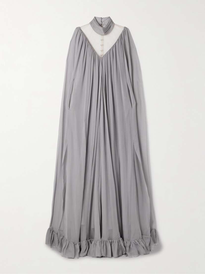 Rodarte Cape-effect Tulle-paneled Ruffled Silk-chiffon Gown