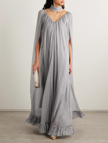 Rodarte Cape-effect tulle-paneled ruffled silk-chiffon gown