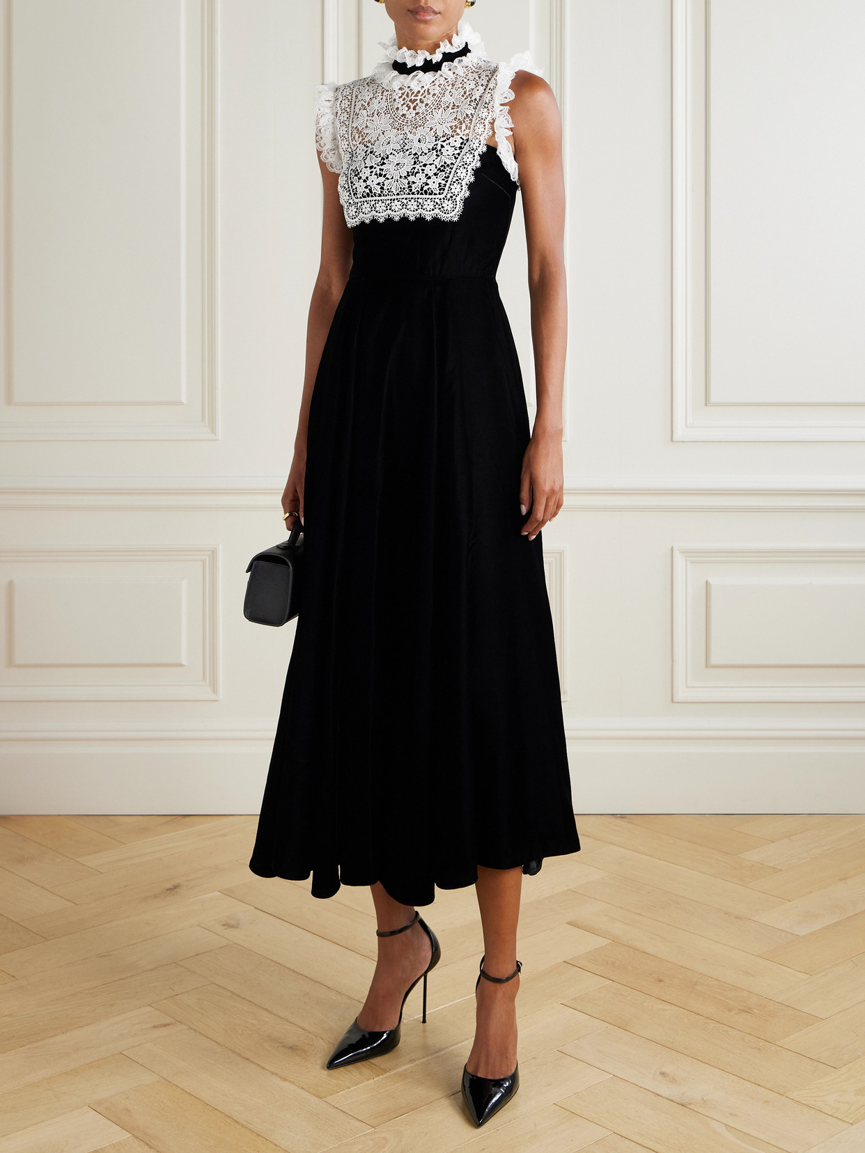 Rodarte Lace-trimmed Velvet Midi Dress In Black