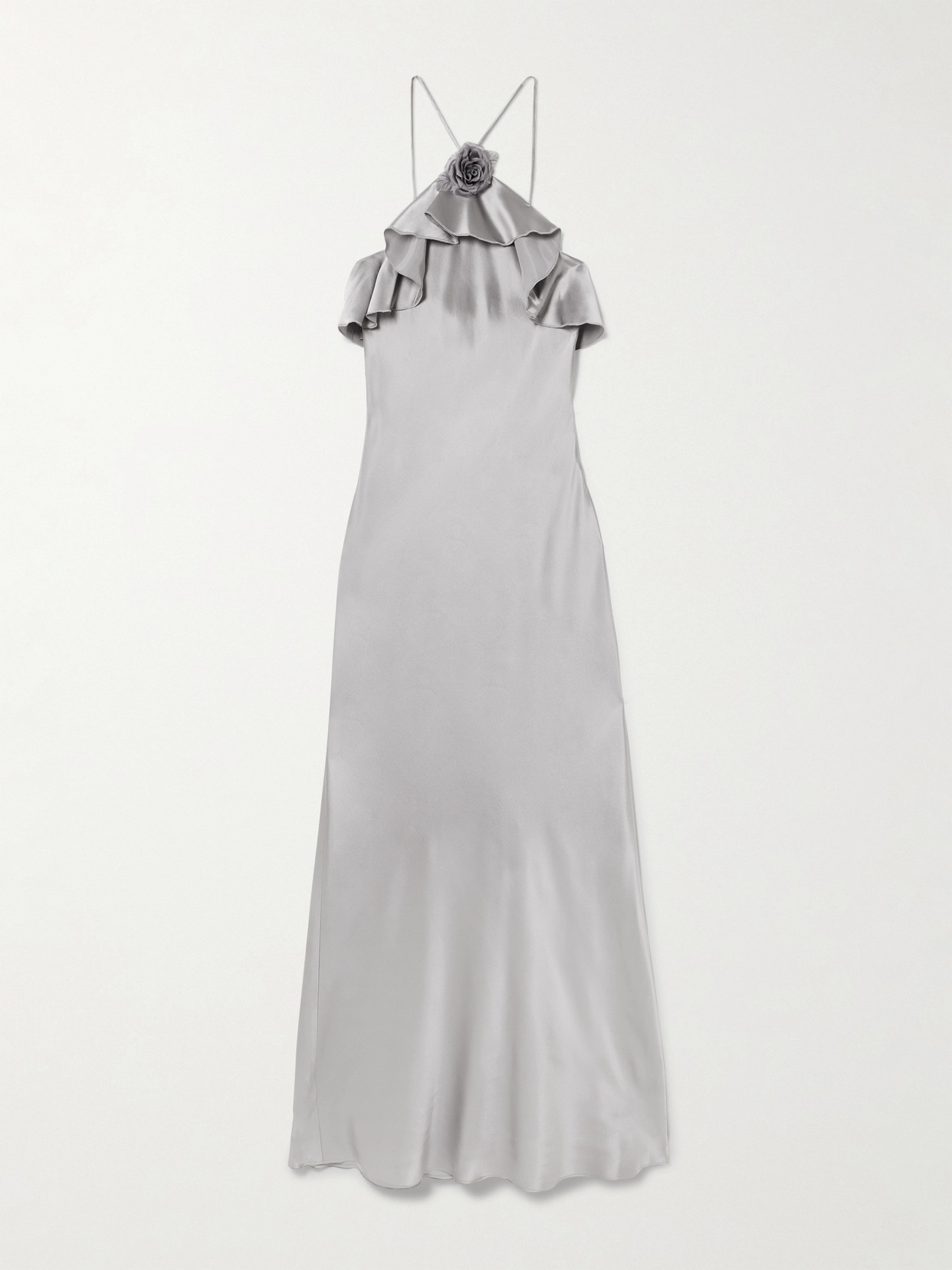 Rodarte Appliquéd Ruffled Silk-satin Halterneck Midi Dress In Gray