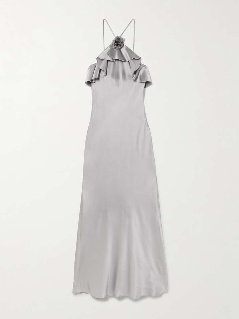 Rodarte Appliquéd Ruffled Silk-satin Halterneck Midi Dress