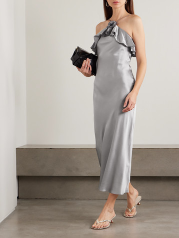 Rodarte Appliquéd ruffled silk-satin halterneck midi dress