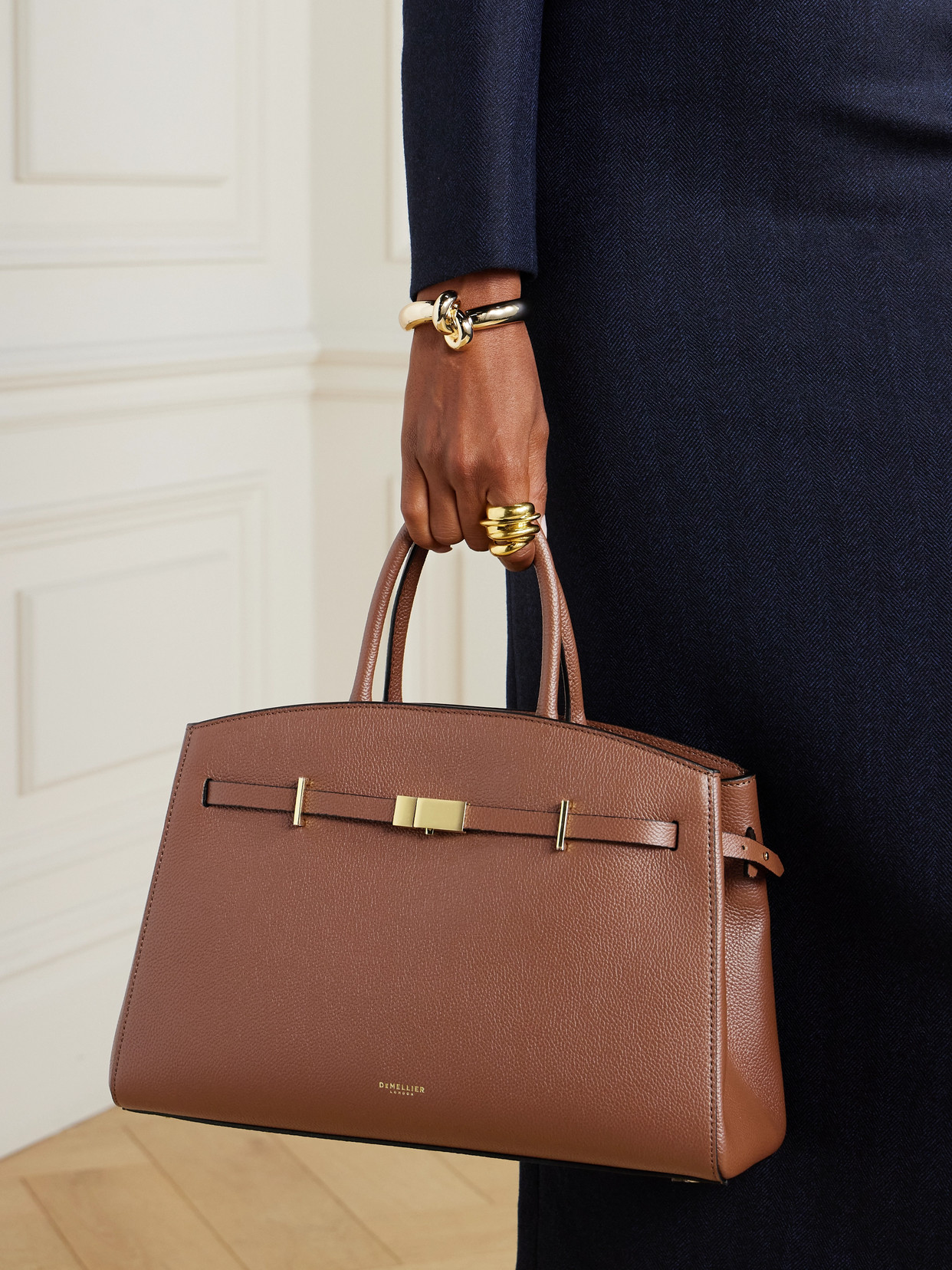 Demellier The Hudson Midi Textured-leather Tote In Brown
