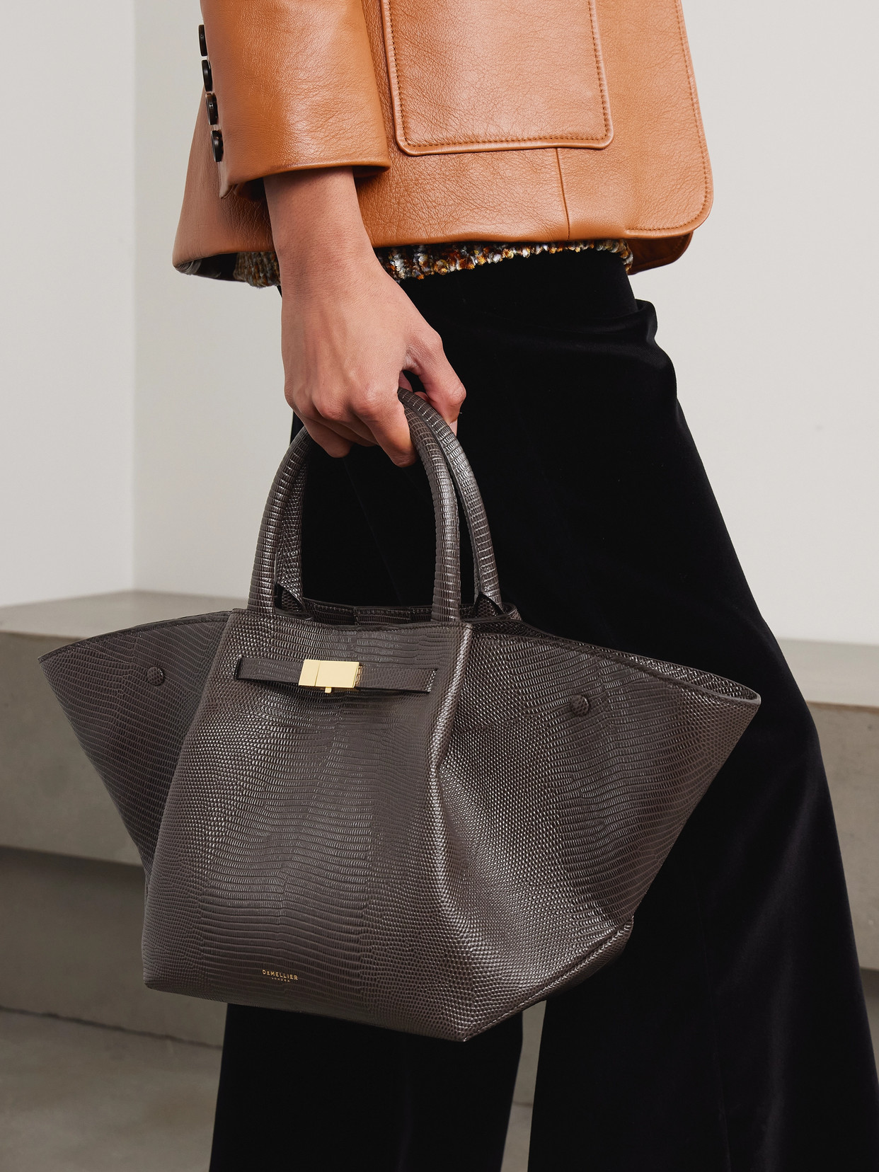 Demellier Midi New York Croc-effect Leather Tote In Gray