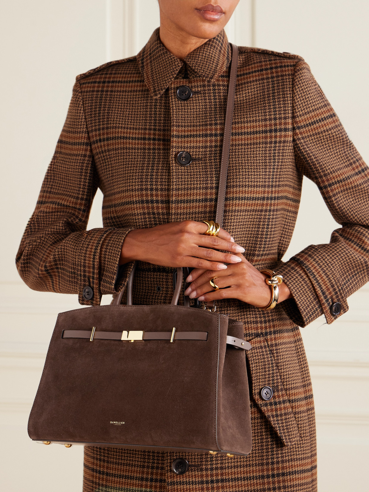 Demellier The Hudson Midi Leather-trimmed Suede Tote In Brown