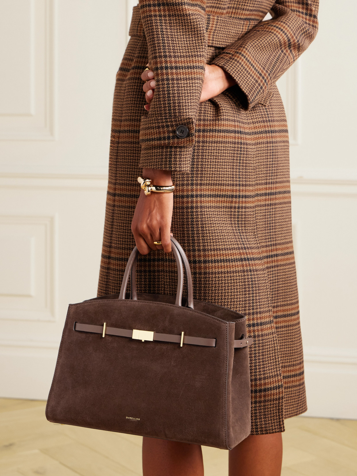 Demellier The Hudson Midi Leather-trimmed Suede Tote In Brown