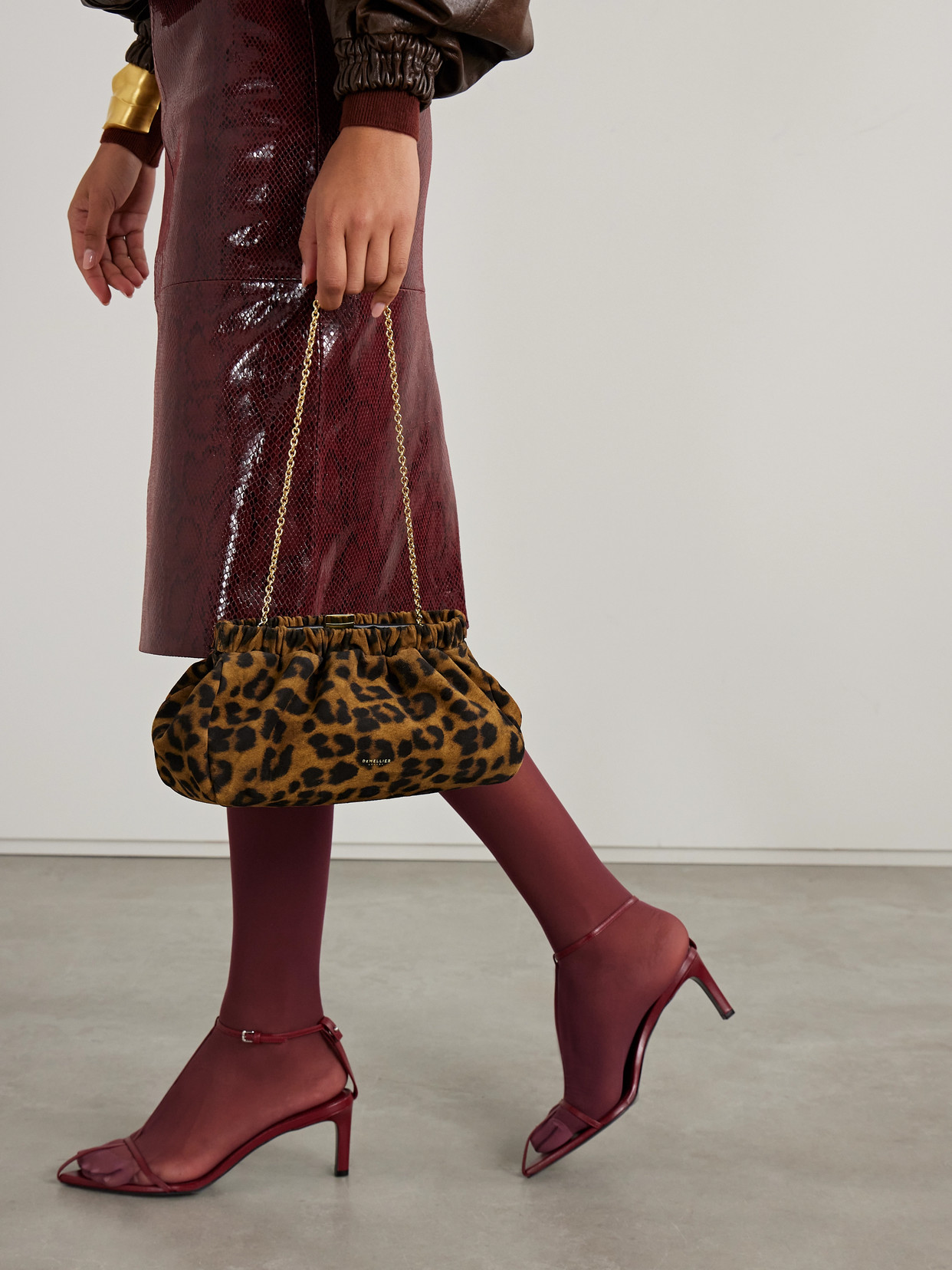 Demellier Miami Gathered Leopard-print Suede Clutch In Multi
