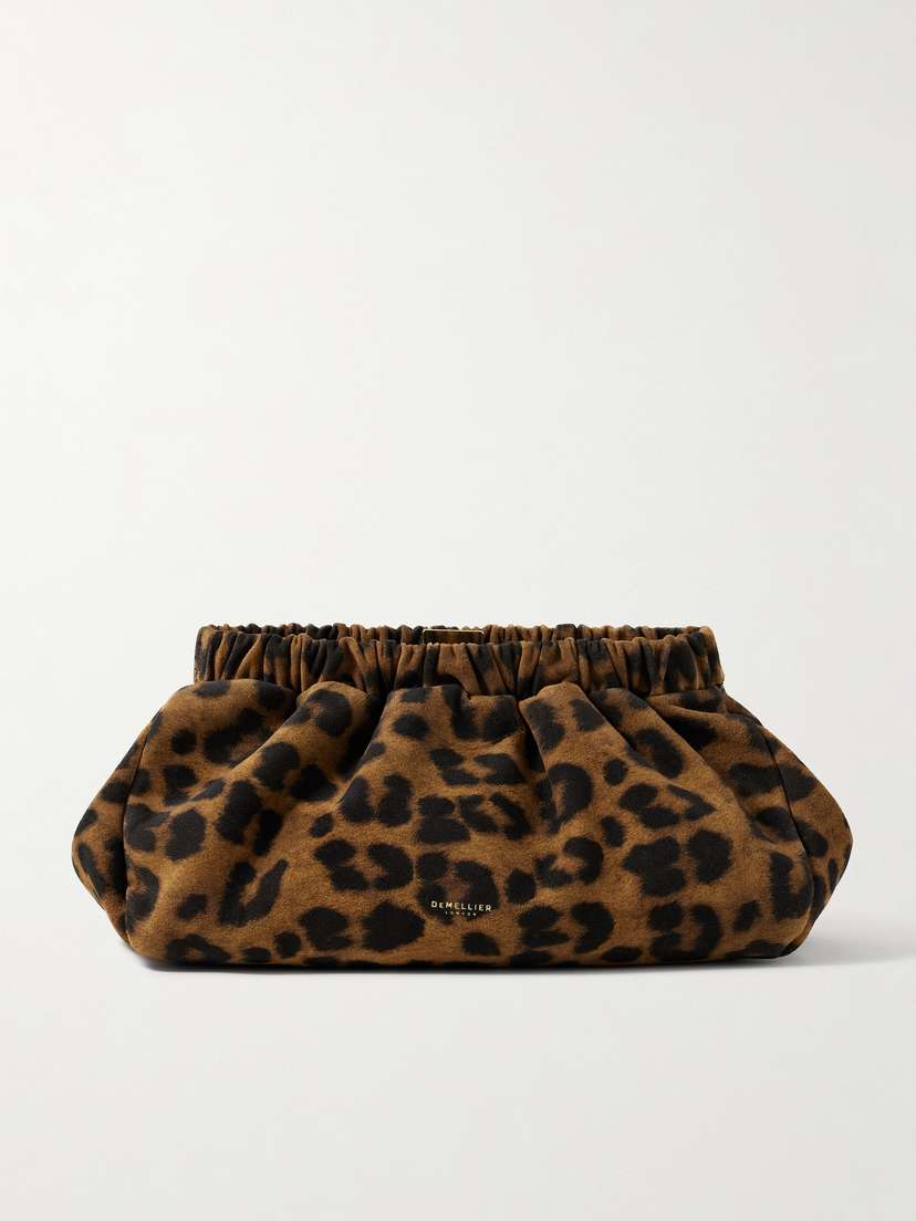 DeMellier Miami Gathered Leopard-print Suede Clutch