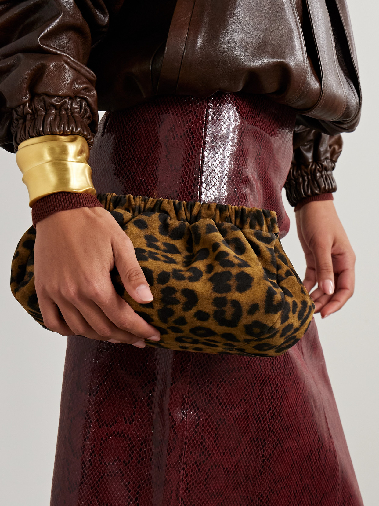 Demellier Miami Gathered Leopard-print Suede Clutch In Multi