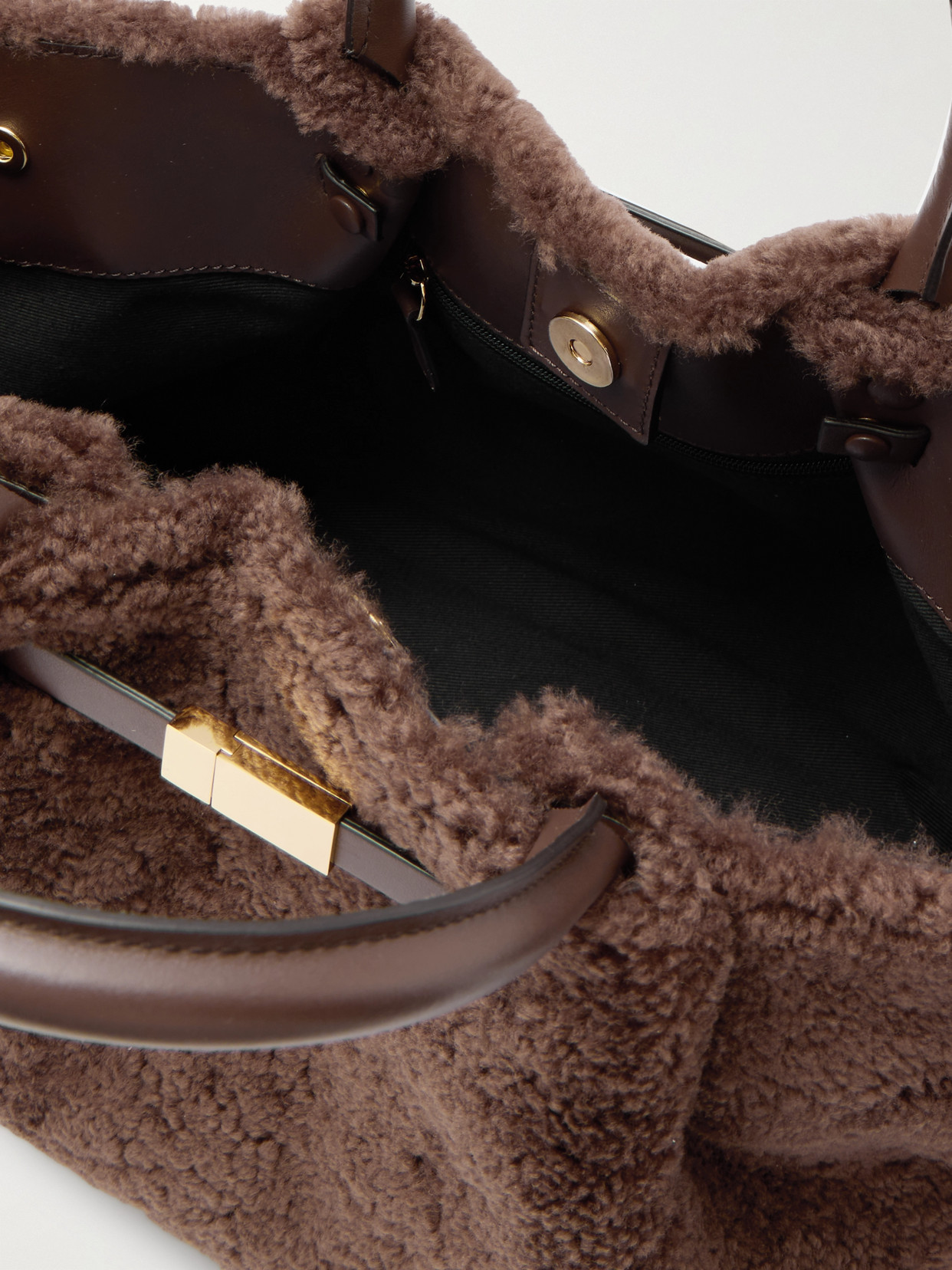 Demellier New York Midi Leather-trimmed Shearling Tote In Brown