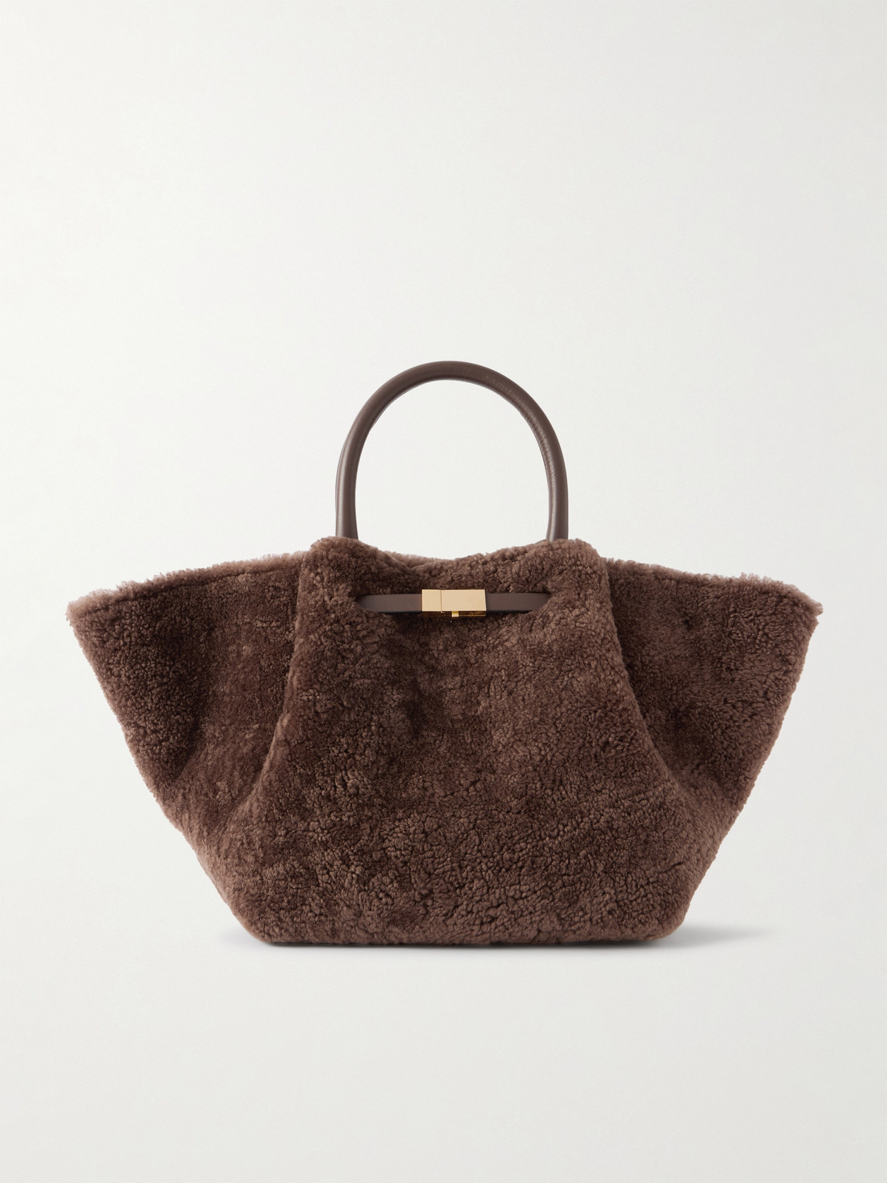 Demellier New York Midi Leather-trimmed Shearling Tote In Brown