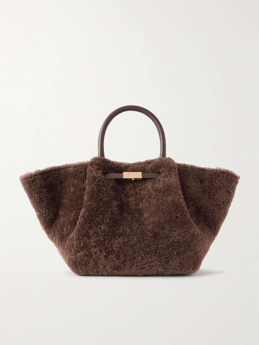 DeMellier New York Midi Leather-trimmed Shearling Tote