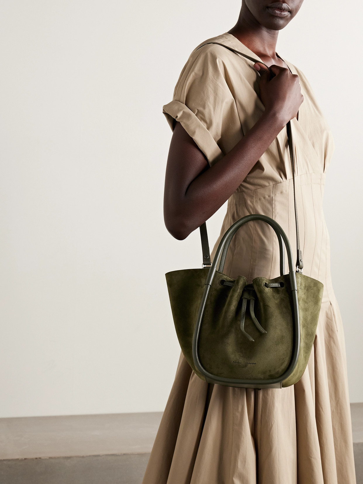 Proenza Schouler Small Leather-trimmed Ruched Suede Tote In Green