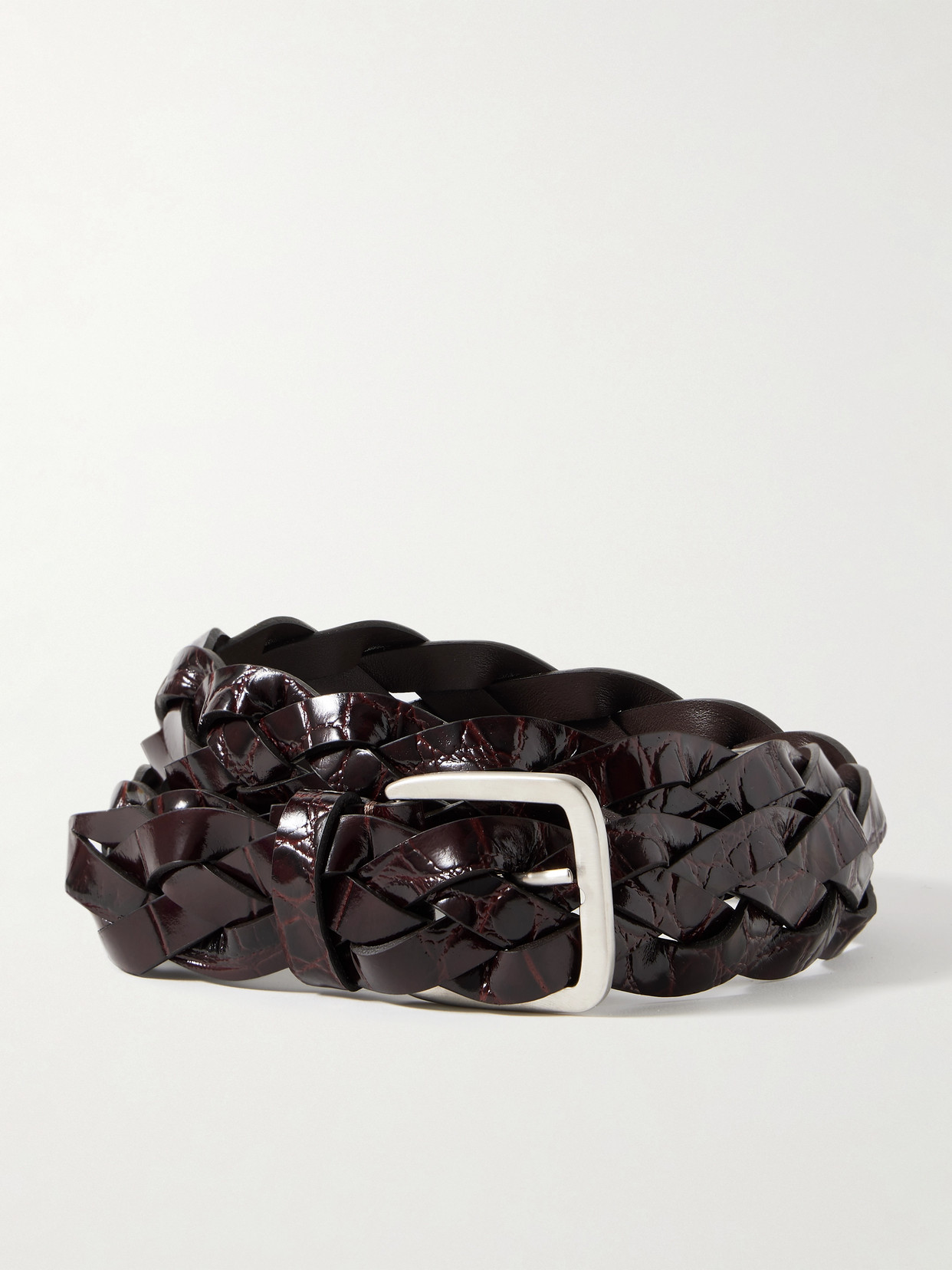 Proenza Schouler Braided Glossed Croc-effect Leather Belt In Brown